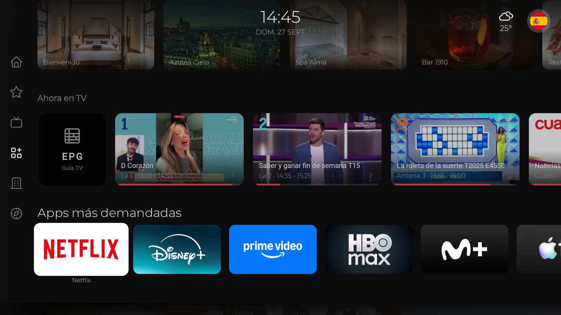 Canales en emisión y apps como Netflix y Prime Video en la TV del hotel