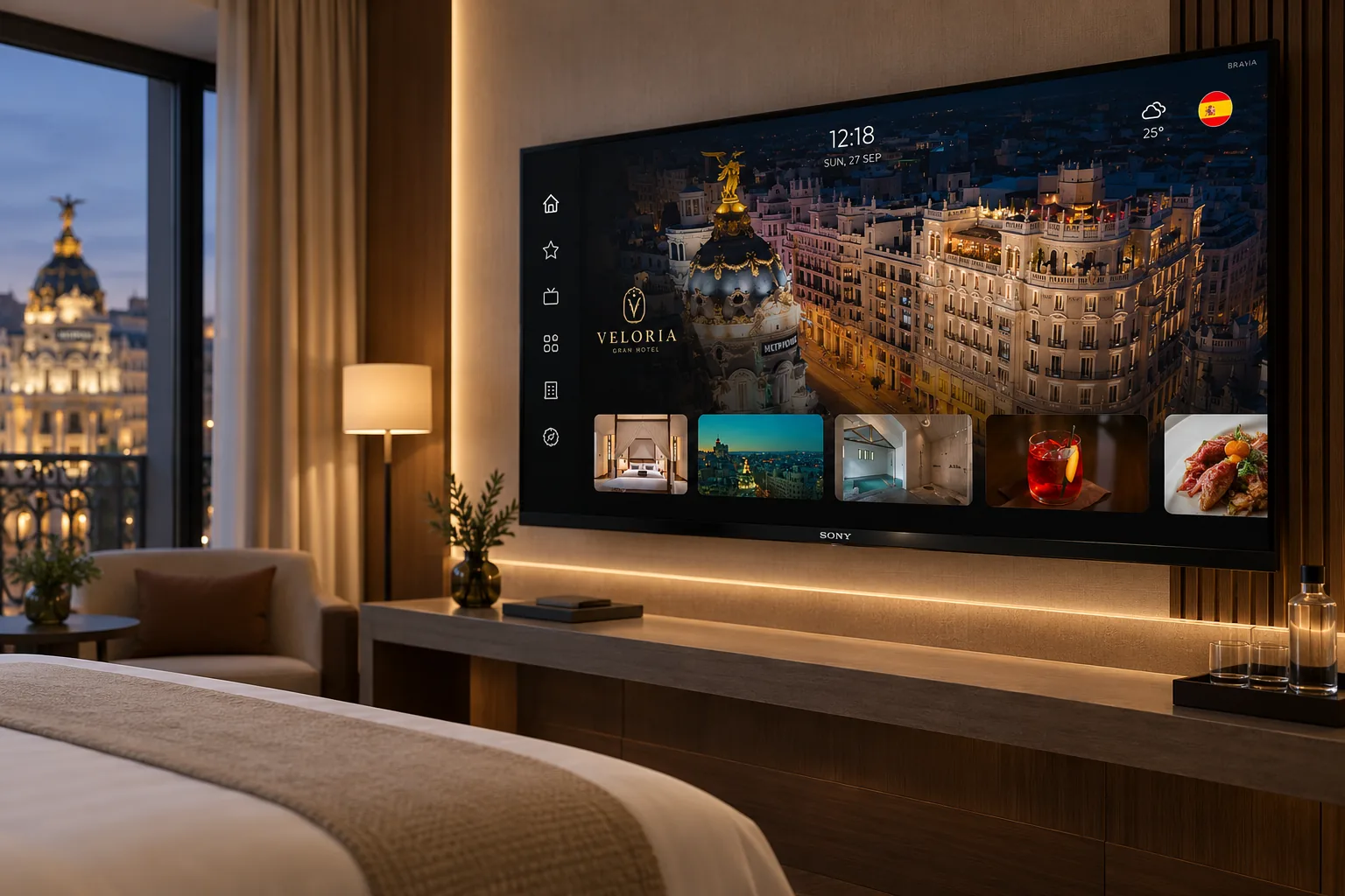 Televisor Google TV con la interfaz Eniria integrada en una habitación de hotel